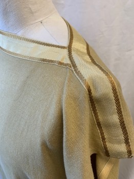 MTO, Dijon Yellow, Cotton, Linen, Solid, Egyptian, Bateau/Boat Neck, Cap Sleeves, Tight Weave, Taupe Ribbon Neck Trim with Gold Stripes, Gold Ribbon Hem Trim