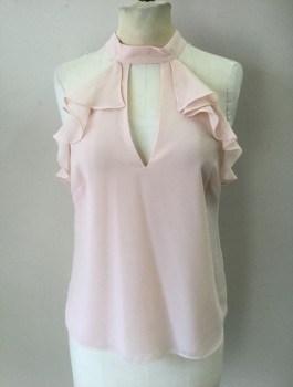 BEBE, Peachy Pink, Polyester, Solid, Halter with Round Neck Band, Sleeveless, Ruffled Arms Eyes, Double Layer Crepe