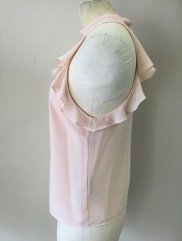 BEBE, Peachy Pink, Polyester, Solid, Halter with Round Neck Band, Sleeveless, Ruffled Arms Eyes, Double Layer Crepe