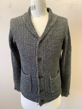 Mens, Cardigan Sweater, N/L, Gray, Lt Gray, Wool, Heathered, S, Thick Ribbed Knit, Long Sleeves, Shawl Collar, 5 Buttons, 2 Patch Pockets