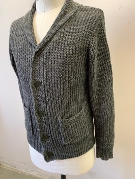 Mens, Cardigan Sweater, N/L, Gray, Lt Gray, Wool, Heathered, S, Thick Ribbed Knit, Long Sleeves, Shawl Collar, 5 Buttons, 2 Patch Pockets