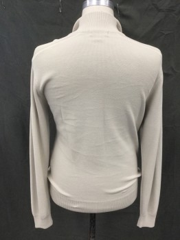 Mens, Pullover Sweater, FACONNABLE, Almond, Cotton, Solid, L, 1/2 Zip Front, Stand Collar, Long Sleeves, Ribbed Knit Collar/Shoulder/Cuff/Waistband **Collar Stitched Down**