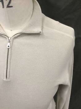 Mens, Pullover Sweater, FACONNABLE, Almond, Cotton, Solid, L, 1/2 Zip Front, Stand Collar, Long Sleeves, Ribbed Knit Collar/Shoulder/Cuff/Waistband **Collar Stitched Down**