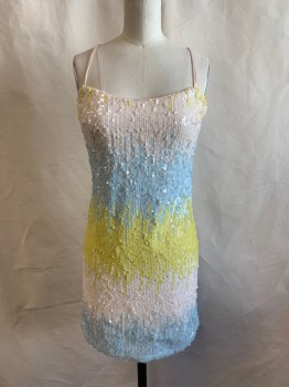 SOLOISTE, White, Lt Blue, Yellow, Polyester, Ombre, Sequins, Spaghetti Adjustable Straps, Scoop Neck, Body-con,  Zip Side, Hem Above Knee