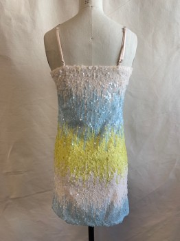 SOLOISTE, White, Lt Blue, Yellow, Polyester, Ombre, Sequins, Spaghetti Adjustable Straps, Scoop Neck, Body-con,  Zip Side, Hem Above Knee