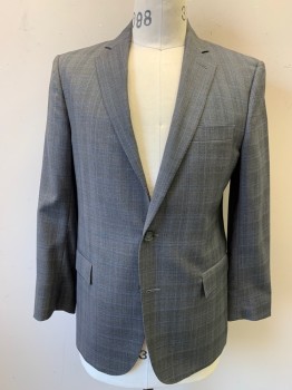 BROOKS BROTHERS, Gray, Dk Gray, Lt Blue, Wool, Plaid, Single Breasted, 2 Buttons,  3 Pockets, Pick Stitched Notched Lapel,