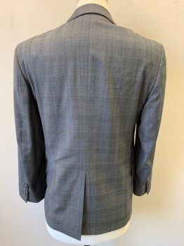 BROOKS BROTHERS, Gray, Dk Gray, Lt Blue, Wool, Plaid, Single Breasted, 2 Buttons,  3 Pockets, Pick Stitched Notched Lapel,