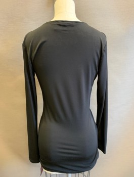 Womens, Top, SOFIA VERGARA, Black, Synthetic, Spandex, Solid, XS, Stretch Material, Long Sleeves, Plunging Surplice V-neck, Ruched at Side Seam, Tunic Length, Fitted