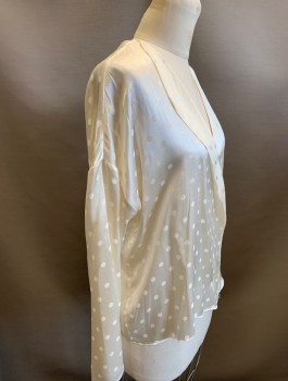 Womens, Blouse, VINCE, Cream, Silk, Polka Dots, M, Self Pattern, Jacquard, L/S, V-Neck with Diagonal Cascading Ruffle at 1 Edge, Pullover
