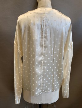 Womens, Blouse, VINCE, Cream, Silk, Polka Dots, M, Self Pattern, Jacquard, L/S, V-Neck with Diagonal Cascading Ruffle at 1 Edge, Pullover