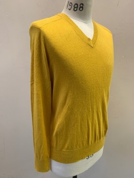 Mens, Pullover Sweater, BANANA REPUBLIC, Mustard Yellow, Silk, Linen, Solid, S, Knit, Long Sleeves, V-neck