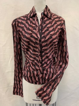 Womens, Blouse, TESSUTO, Black, Red, Cream, Rayon, Abstract , XS, Button Front, Long Sleeves, Single Button, Collar Attached, Rouched Side Seams
