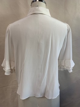 Womens, Blouse, FRAME, Cream, Silk, Solid, L, Button Front, Short Sleeves with Triple Ruffle Cuffs, Collar Attached,