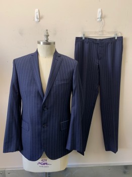 Mens, Suit, Jacket, GALANTE, Navy Blue, Blue, Wool, Stripes - Vertical , 42R, 2 Buttons, Single Breasted, Notched Lapel, 3 Pockets,