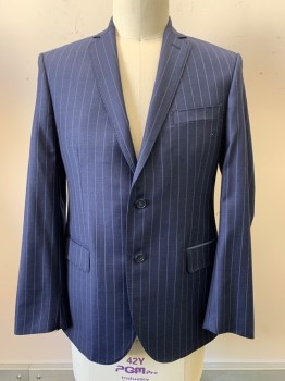 Mens, Suit, Jacket, GALANTE, Navy Blue, Blue, Wool, Stripes - Vertical , 42R, 2 Buttons, Single Breasted, Notched Lapel, 3 Pockets,