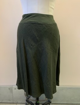 Womens, Skirt, Below Knee, THREE DOTS, Olive Green, Cotton, Solid, W30-34, L, Elastic Waist, Flared Skirt,