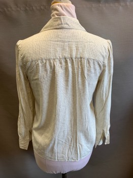 Womens, Blouse, A.P.C., Cream, Black, Silk, Speckled, Spots , M, Long Sleeves, Button Front, 5 Buttons, 2 Button Cuffs, Small Cap Sleeve, Light Gathering in Back Yolk
