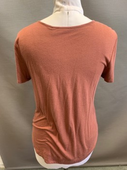 Womens, Top, HINGE, Faded Red, Viscose, Linen, Solid, M, Short Sleeves, V-neck, Lace Up, Braided Self Tie, Curved Hem, TShirt Jersey
