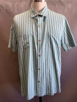 TOMMY BAHAMA, Lt Green, Slate Blue, Silk, Polyester, Stripes - Vertical , Squares, Short Sleeves, Button Front, Collar Attached, 1 Patch Pocket