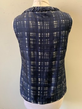 Womens, Blouse, TORY BURCH, Midnight Blue, White, Silk, Abstract , Sz.8, Sleeveless, Drawstring Scoop Neck with Self Bow Ties, 6 Gold Buttons at Front