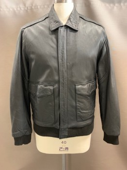 Mens, Leather Jacket, JOS A BANK, Black, Leather, 38-40, M, C.A., Stitching At Sleeves, Zip Front, 2 Flap Pckts, Ribbed Waist & Cuffs