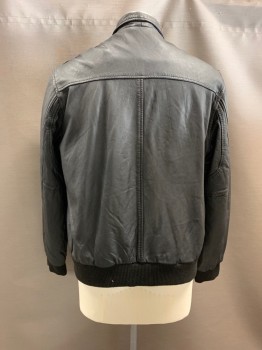 Mens, Leather Jacket, JOS A BANK, Black, Leather, 38-40, M, C.A., Stitching At Sleeves, Zip Front, 2 Flap Pckts, Ribbed Waist & Cuffs