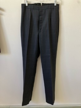 N/L, Charcoal Gray, Red, Wool, Plaid-  Windowpane, F.F, Zip Front, Back Buckle