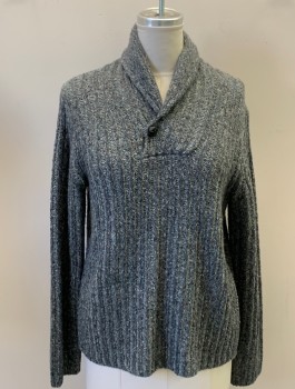Womens, Pullover, VINCE, Green, Gray, White, Turquoise Blue, Wool, Viscose, Tweed, XL, Shawl Collar, 1 Leather Button Closure, L/S, Large Rib