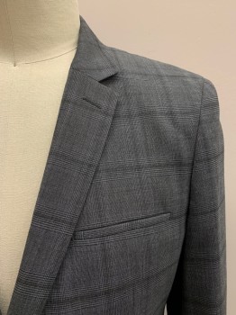 HUGO BOSS, Gray, Black, Wool, Polyester, Plaid, Single Breasted, 2 Buttons, Notched Lapel, 3 Pockets, 2 Back Vents,