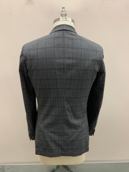 HUGO BOSS, Gray, Black, Wool, Polyester, Plaid, Single Breasted, 2 Buttons, Notched Lapel, 3 Pockets, 2 Back Vents,