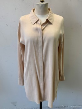 Womens, Blouse, EILEEN FISHER, Almond, Silk, Solid, XS/TP, L/S, C.A., 7 Buttons, Hidden Plackets, Center Pleat at Back, Open Button Square Cuffs, Side Vents