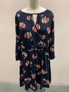 Womens, Dress, Long & 3/4 Sleeve, LUSH, Midnight Blue, Wine Red, Tan Brown, Multi-color, Polyester, Floral, L, Scoop Neck, Half Wrap, Button Back With Open Eyelet, Gathered Waistband
