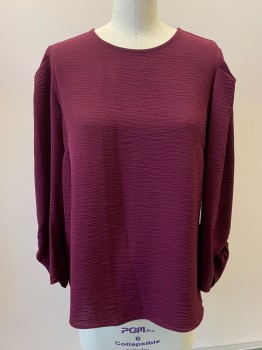 DKNY, Maroon Red, Polyester, Solid, Long Puffed Sleeves With Scrunched Cuffs, Crew Neck, Back Button