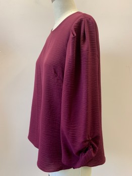 DKNY, Maroon Red, Polyester, Solid, Long Puffed Sleeves With Scrunched Cuffs, Crew Neck, Back Button