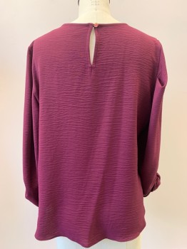 Womens, Blouse, DKNY, Maroon Red, Polyester, Solid, S, Long Puffed Sleeves With Scrunched Cuffs, Crew Neck, Back Button