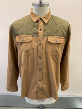 Mens, Casual Shirt, HOWLER BROS, Dk Khaki Brn, Olive Green, Poly/Cotton, Plaid-  Windowpane, Color Blocking, XL, B.F., L/S, Chest Pockets With Snap Flaps, Quilted Yoke, Logo Patch On Side Seam