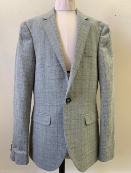 Mens, Suit, Jacket, TOPMAN, Gray, Polyester, Wool, Plaid, 34R, 1 Button, Flap Pockets, Single Vent