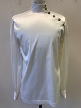 NO LABEL, Pearl White, Silk, Solid, L/S, Stand Collar, Side Gold Buttons,
