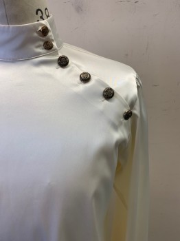 Mens, Historical Fiction Shirt, NO LABEL, Pearl White, Silk, Solid, 16/36, L/S, Stand Collar, Side Gold Buttons,