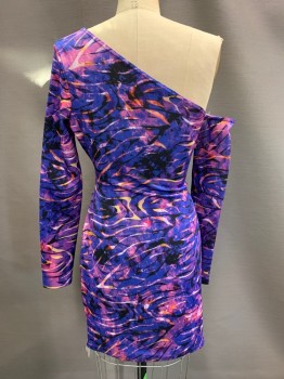 Womens, Cocktail Dress, FASHION NOVA, Blue, Pink, Black, Yellow, Orange, Polyester, Elastane, Abstract , M, L/S, 1 Shoulder, Waist Cut Out With Multiple Strips Body Con,