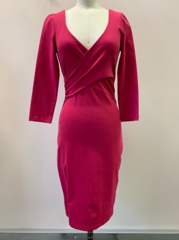 Womens, Cocktail Dress, BEBE, Hot Pink, Nylon, Spandex, Solid, S, L/S, Wide V Neck, Cross Bust, Body Con, Slip On