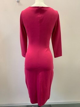 Womens, Cocktail Dress, BEBE, Hot Pink, Nylon, Spandex, Solid, S, L/S, Wide V Neck, Cross Bust, Body Con, Slip On