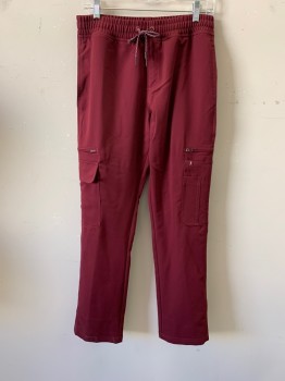 Unisex, Scrub, Pants Unisex, JAANUU, Red Burgundy, Polyester, Rayon, XS, Elastic Waist, Drawstring, Side Pockets, 2 Zip Pockets at Thighs, 2 Patch Pockets at Thighs