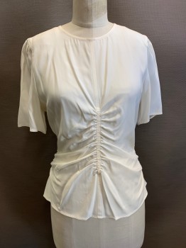 Womens, Blouse, RAG & BONE, Ivory White, Silk, Solid, 6, Round Neck, S/S, Ruching Down Front, Zip Back, 3 Buttons at Back, Keyhole,