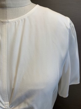 RAG & BONE, Ivory White, Silk, Solid, Round Neck, S/S, Ruching Down Front, Zip Back, 3 Buttons at Back, Keyhole,