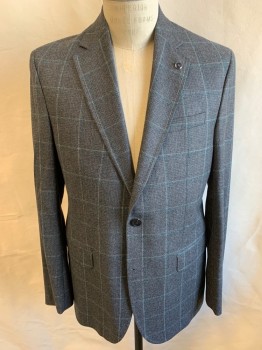 Mens, Sportcoat/Blazer, TED BAKER, Dk Gray, White, Lt Blue, Wool, Plaid-  Windowpane, 40R, Single Breasted, 2 Buttons, 3 Pockets, Notched Lapel, Double Vent, Black/Eggplant Button Pin