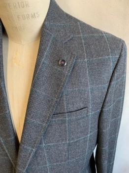 Mens, Sportcoat/Blazer, TED BAKER, Dk Gray, White, Lt Blue, Wool, Plaid-  Windowpane, 40R, Single Breasted, 2 Buttons, 3 Pockets, Notched Lapel, Double Vent, Black/Eggplant Button Pin