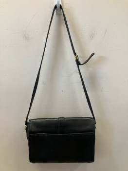 N/L, Black, Leather, Solid, Shoulder Strap With Adjustable Buckle, Gold Hardware, Snap Btn Closure