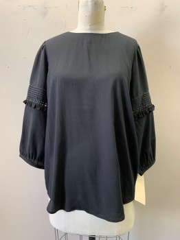 Womens, Blouse, ANN TAYLOR, Black, Polyester, Solid, L, Crew Neck, 3/4 Sleeves with Lace, Pleating & Ruffle Detail