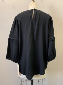 Womens, Blouse, ANN TAYLOR, Black, Polyester, Solid, L, Crew Neck, 3/4 Sleeves with Lace, Pleating & Ruffle Detail